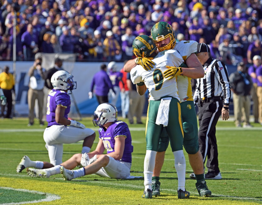 North Dakota State's Derrek Tuszka sacks James Madison quarterback Bryan Schor during the NCAA FCS championship game at Toyota Stadium in Frisco, Texas, on Saturday, Jan. 6, 2018. David Samson / The Forum