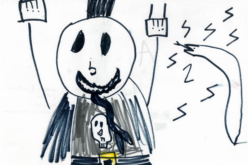 A drawing of a boy with his hands raised in the air next to a hissing snake.