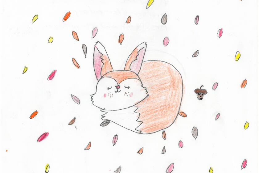 Drawing of a fox laying on falling autumn leaves.