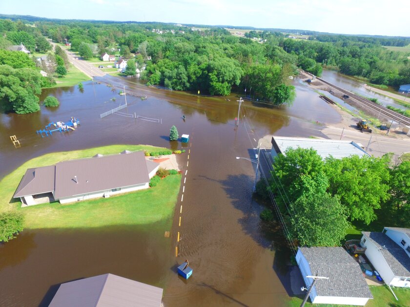 An overhead view of flooded streets in the city of Randall