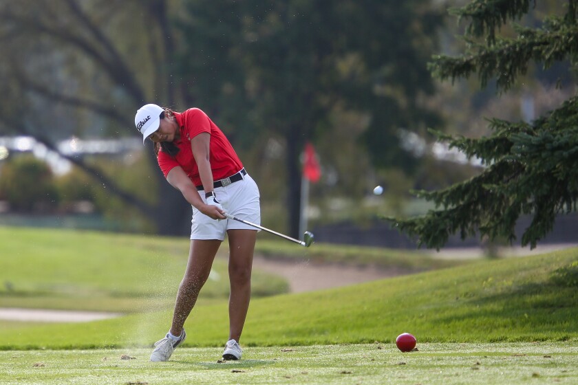 Fargo Davies golfer Rose Solberg competes in the Girls Golf Invitational Tournament on Tuesday, Sept. 9, 2025, at Rose Creek Golf Course in south Fargo.