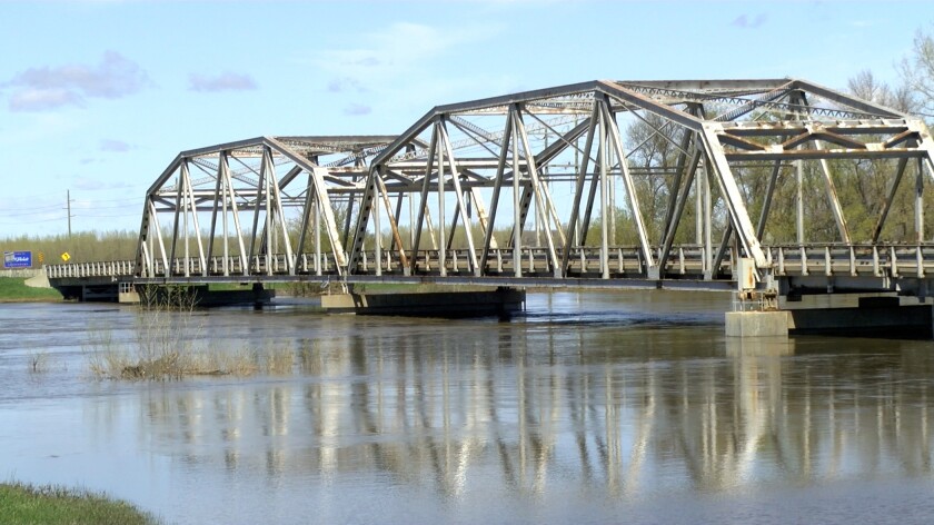 A bridge over the flooding Red River.