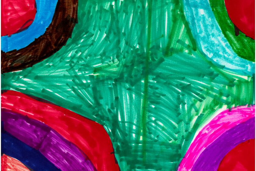 Drawing of a patch of green space surrounded by colorful arcs.