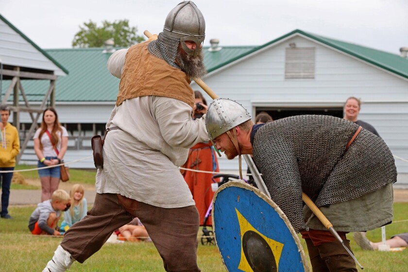 Viking warriors take part in a battle demonstration.