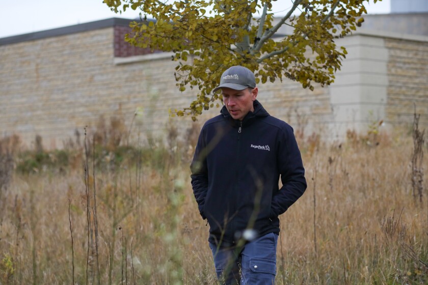 Fargo Park District Forester Sam DeMarais shows the beaver activity, like cut-down trees, on Thursday, Nov. 6, 2025, along the Red River in downtown Fargo.