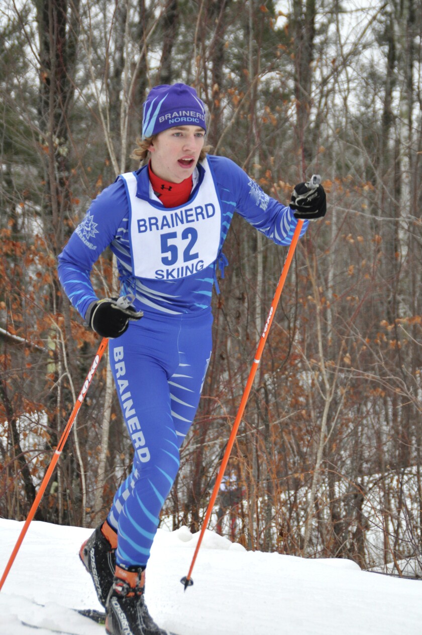 Noah Baker races to a third-place finish during Tuesday's Brainerd Nordic ski invite at Mt. Itasca in Coleraine. The Warriors team placed second.