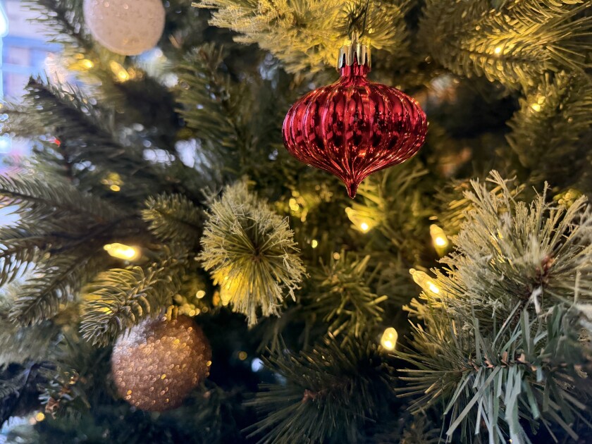 Red ornament is displayed on illuminated Christmas tree, seen in close-up.