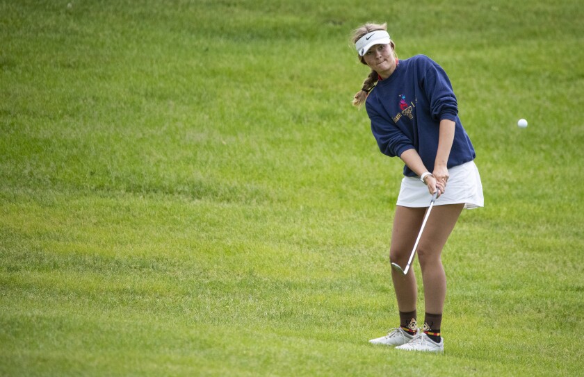 Lac qui Parle Valley golfer Sarah Halvorson competes in the Class A girls golf tournament at Pebble Creek Golf Club in Becker on Wednesday, June 15, 2022.