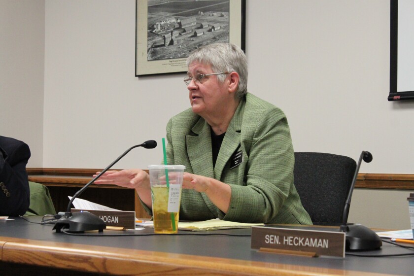 North Dakota Rep. Kathy Hogan, D-Fargo, discusses the Legislature's sexual harassment policy Wednesday, Dec. 6, 2017 at the state Capitol in Bismarck. John Hageman / Forum News Service