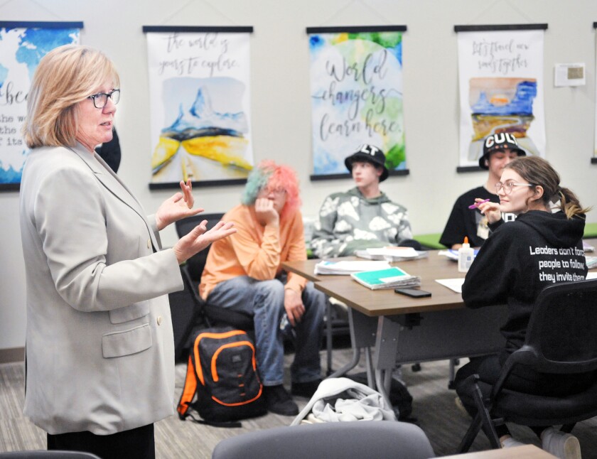 Michelle Fischbach talks to students at Kalon Prep