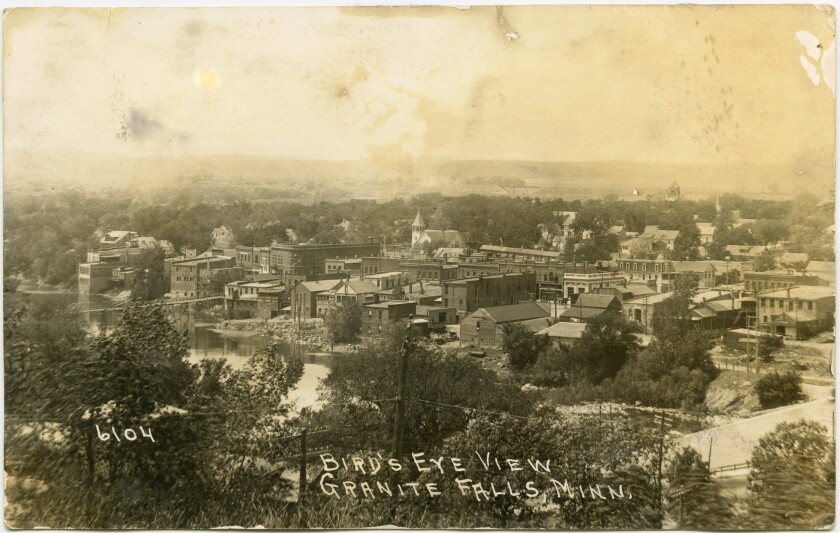 Bird's eye view of Granite Falls, image dated June 1904. Archie Bush considered this community his home. He and his siblings began their education in rural schools while his family farmed in Wang Township, but in 1985 the Bush children began attending Granite Falls schools.
