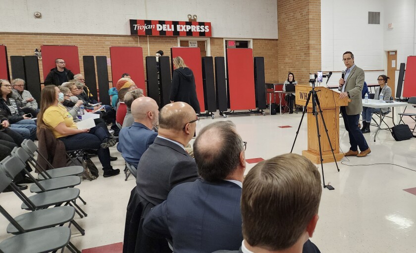 John Keller, chief deputy attorney general of Minnesota, speaks about a proposed merger between Sanford Health and Fairview Health Systems, explaining the role of the attorney general's office in the matter during a community input meeting Wednesday, Jan. 25, 2023, at Worthington High School.