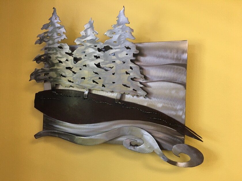 These pieces of artwork will be auctioned at Creating Good on Sept. 28 for volunteer time rather than money. The pieces include "Blue Ice" by Annette DuBord, "In Between Days" by Steve Knutson, and "Put A Bird On It, Summer" by Cameron Peterson.