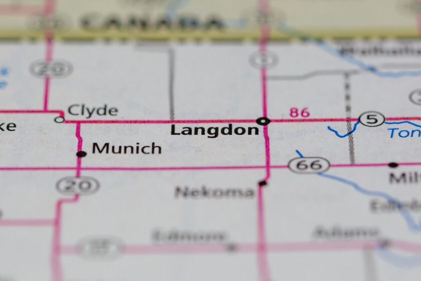 06-10-2021 Portsmouth, Hampshire, UK, Langdon North Dakota USA shown of a Road map or Geography map