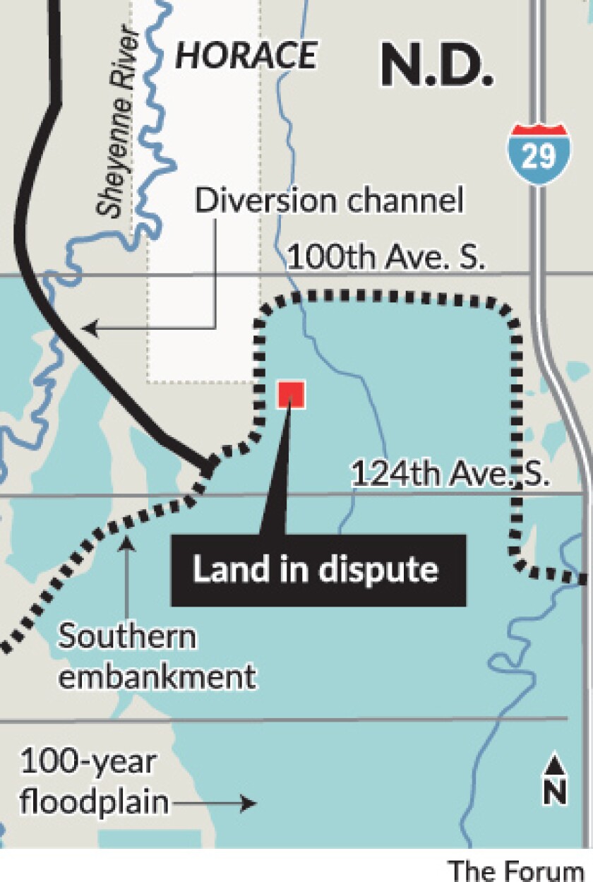 A map shows where the land is along the revised route of the Fargo-Moorhead Diversion.