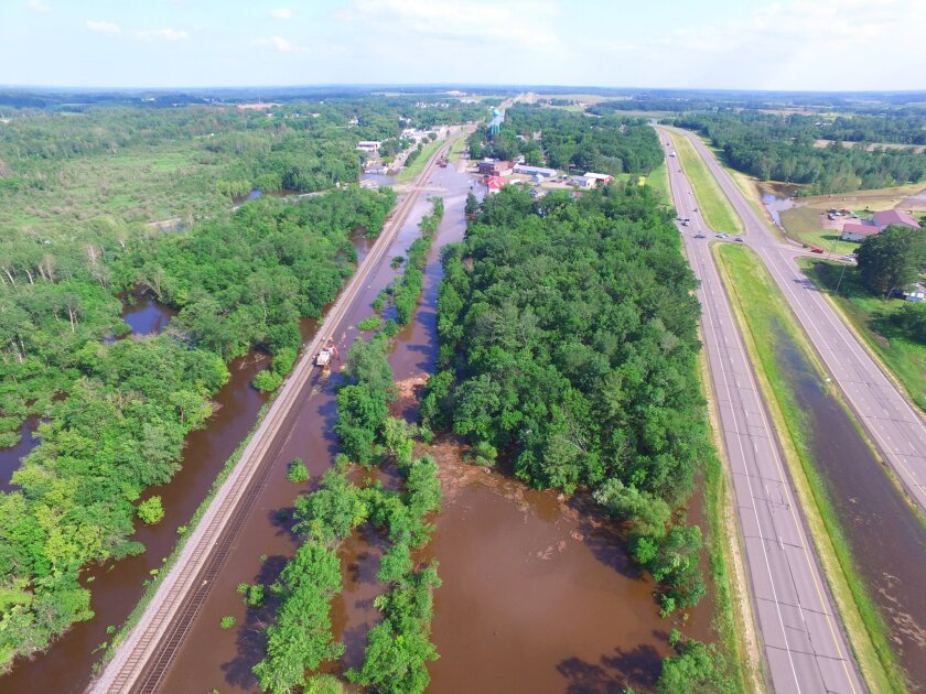 Overhead view of flooded areas around the city of Randall