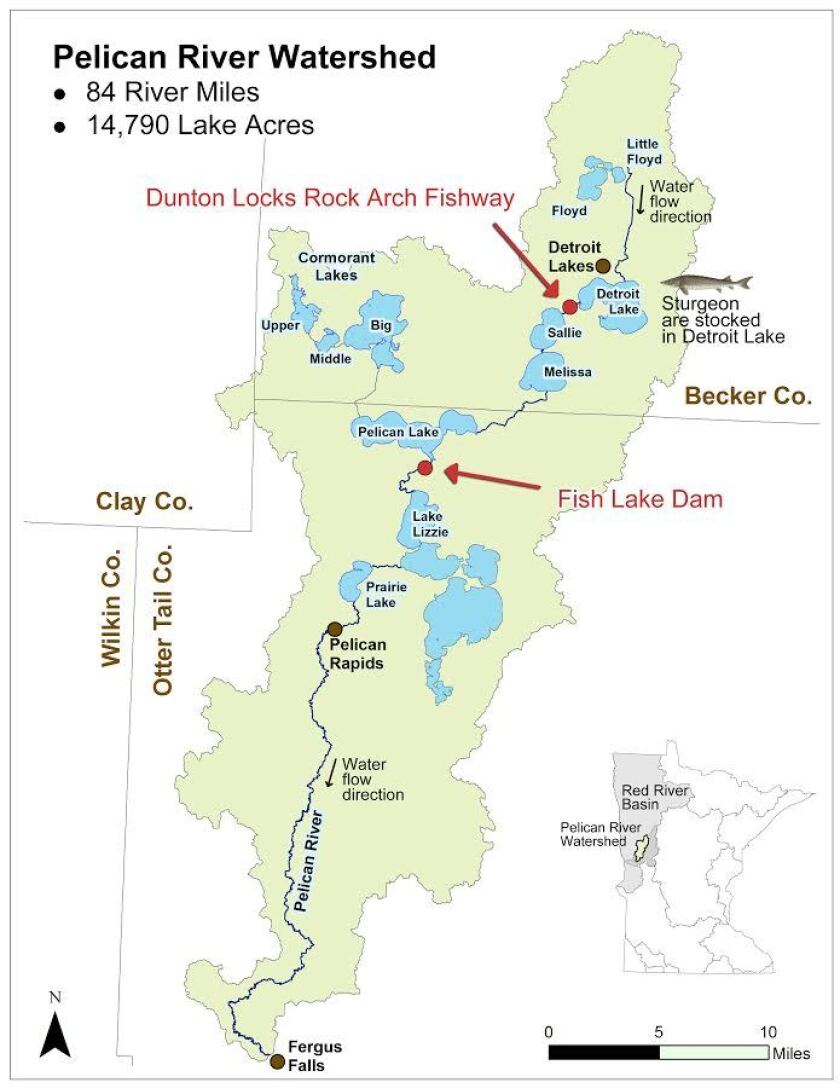 This map of the Pelican River Watershed shows the location of the Fish Lake Dam.