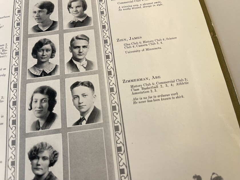 Image of 1929 high school yearbook featuring photo of Abe Zimmerman, neatly coiffed. Beneath his name are the words, "Abe is no foe to arduous work / He never has been known to shirk."
