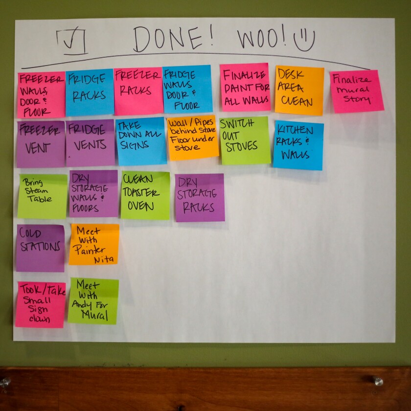 A friend of Maria E. Carpenter Ostos came up with the idea of writing tasks on sticky notes and hanging them on a wall, as seen on Wednesday, Sept. 24, 2025, showing the things they have yet to do, things they are currently doing, and things they've accomplished, like this one for opening Ostos' new restaurant, Maria's Homestyle Mexican Food, in the former Smiling Moose location in downtown Fargo.