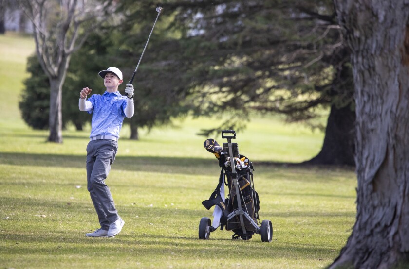 Riley Roskens of MACCRAY reacts to a to where a ball ended up while playing in a Camden Conference boys and girls golf meet at Valley Golf Course Thursday, May 5, 2022, in Willmar.