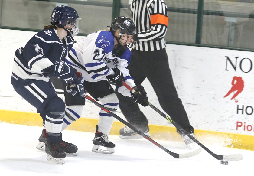 Proctor/Hermantown’s Izy Fairchild (27) skates the puck up the ice past Hibbing’s Madison St. George (17)