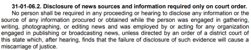 Excerpt from North Dakota journalist shield law