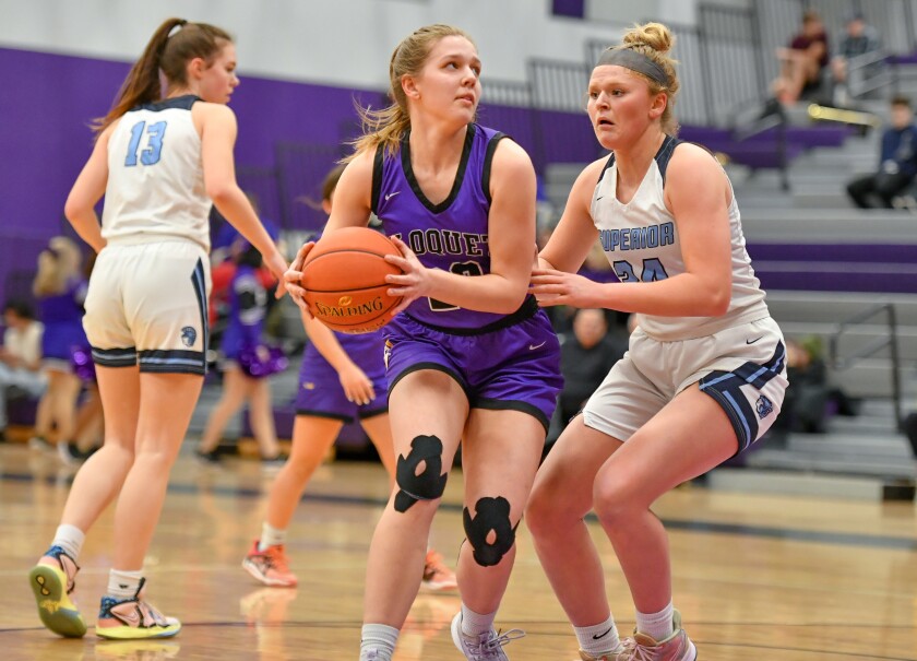 Player is guarded by basket