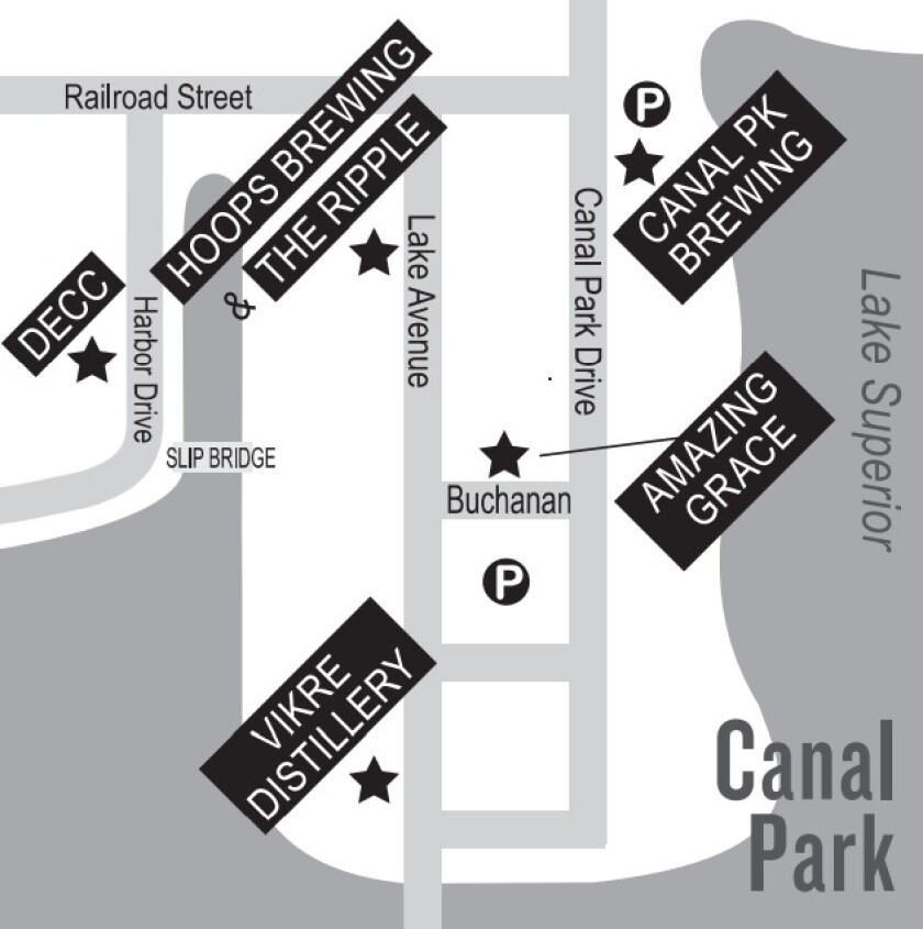 A map showing several Homegrown venues in the Canal Park area.