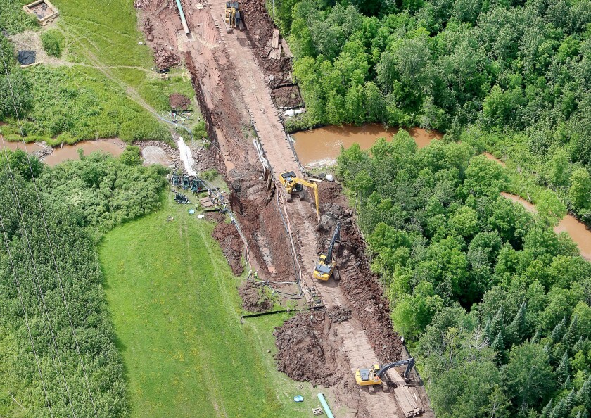 An aerial view of the Enbridge pipeline under construction over the Nemadji River just south of Superior, Wis., earlier this month. (Bob King / Forum News Service)