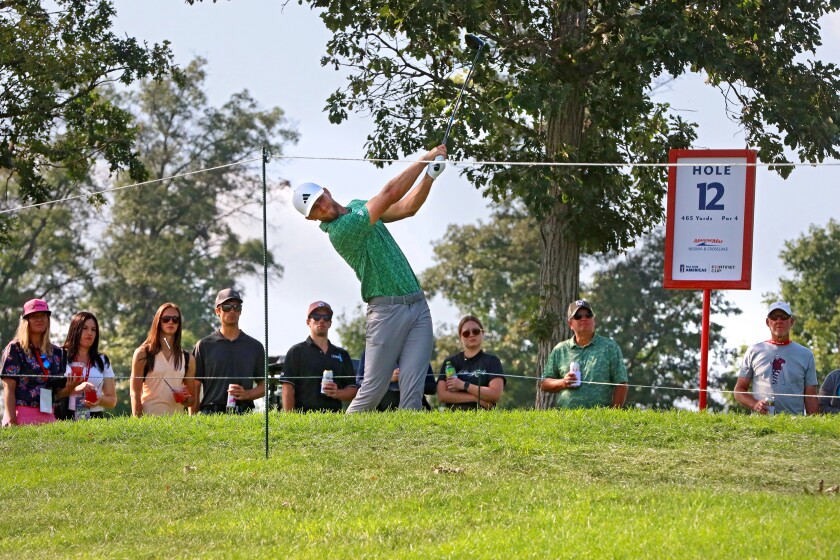 Frederik Kjettrup tees off Sunday, Sept. 1, 2024, during the CRMC Championship presented by Gertens at Cragun's Legacy Courses.