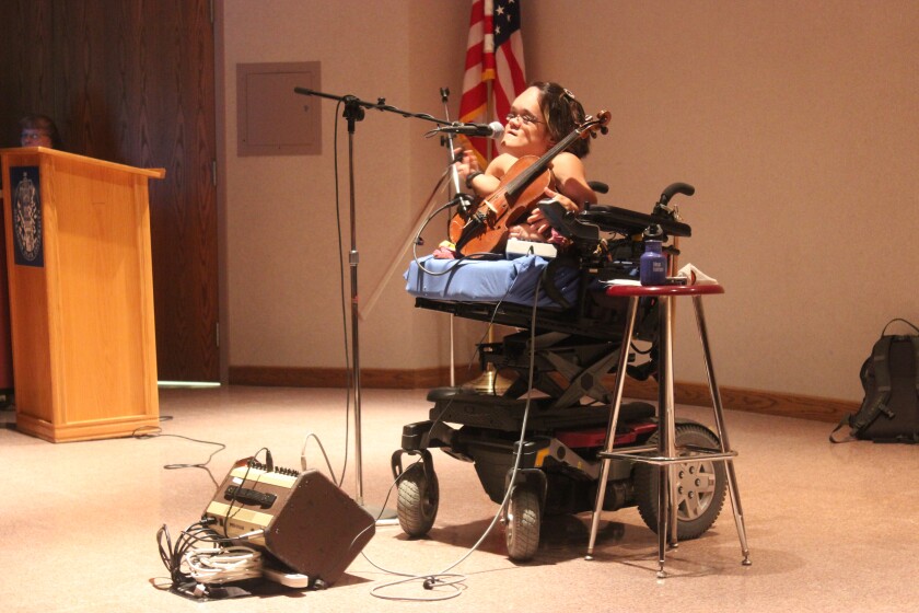 Violinist Gaelynn Lea performed at Dickinson State University on Tuesday. The artists is on the final week of her first national tour. (Press Photo by Kalsey Stults)