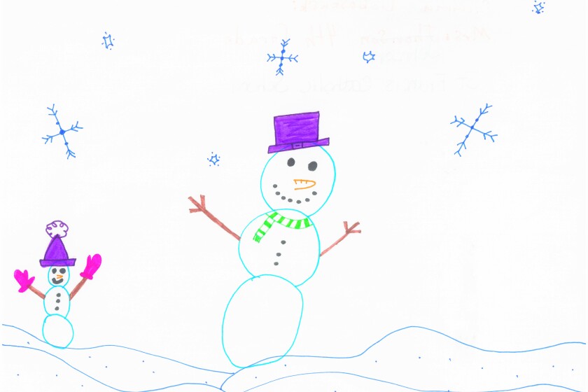 A child's drawing of two happy snowmen with snow falling