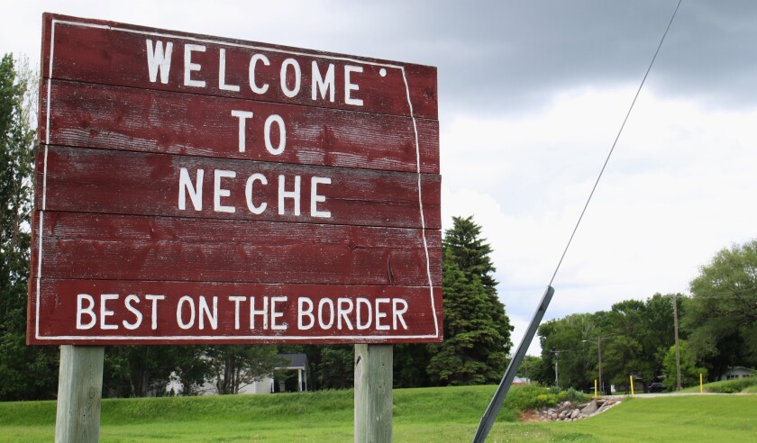 Welcome to Neche, North Dakota on the outskirts of the town once a holy site for the Plymouth Brethren Christian Church.jpg