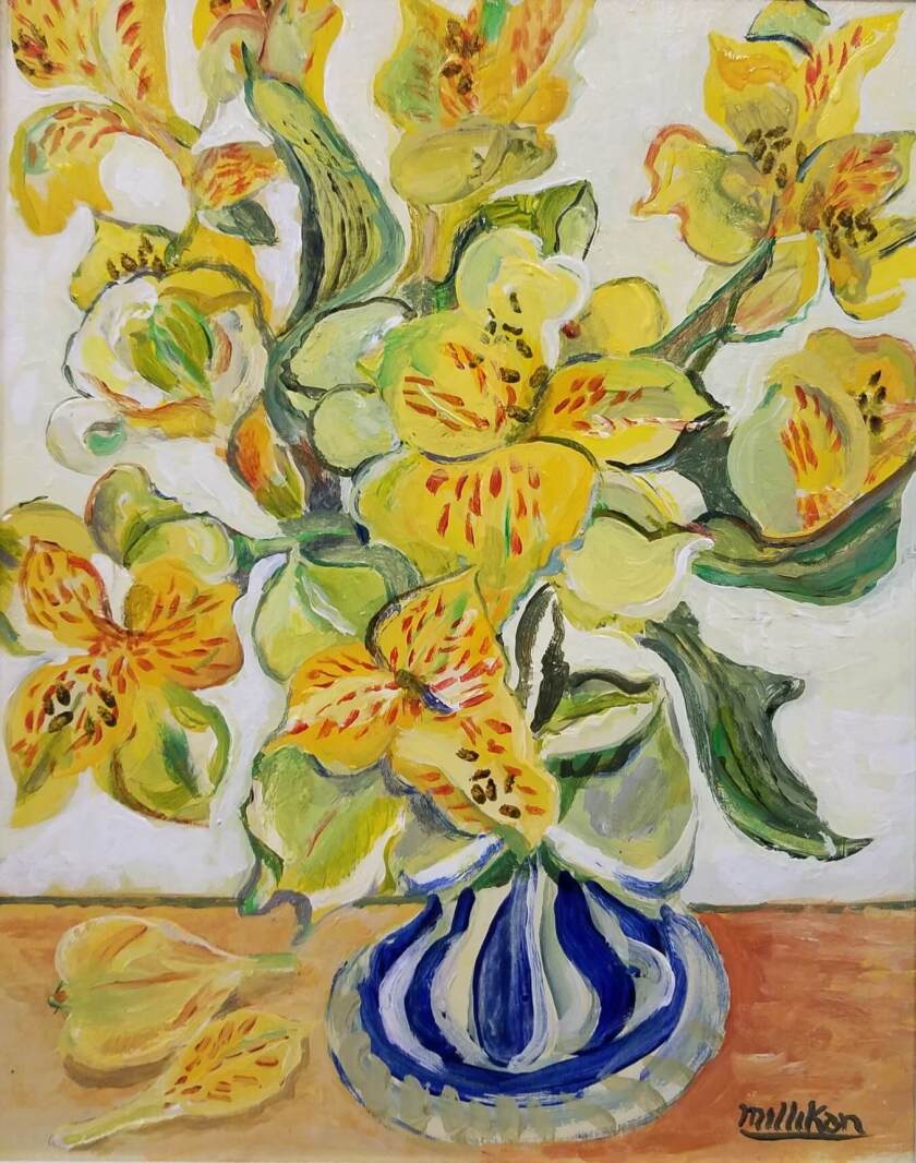 A painting of yellow flowers in a blue striped vase