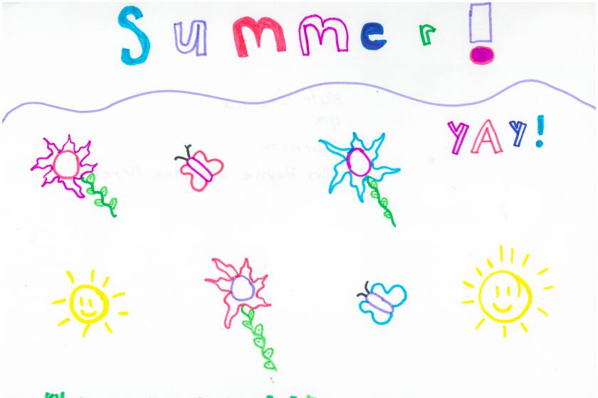 A child's drawing of a sunny summer day with flowers and butterflies.