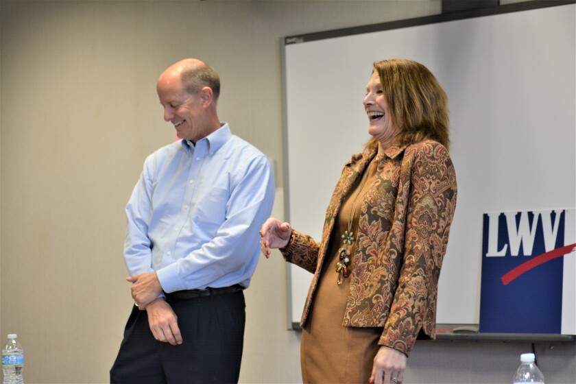 Sen. Paul Gazelka, R-Fairview Township and Sen Carrie Ruud, R-Breezy Point react during a lighter moment of the League of Women Voters forum at Central Lakes College Thursday. Zach Kayser / Brainerd Dispatch