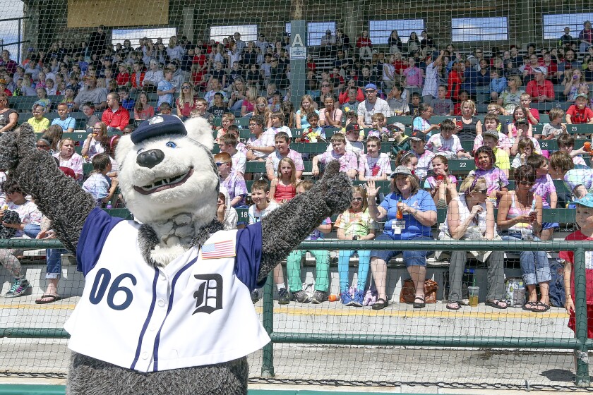 2016 News Tribune file photo / Joel Sheff, then 5 (at right), watches Harley D. Husky work to fire up the crowd at a Duluth Huskies game in June 2016. It was Education Day at Wade Stadium that day.
