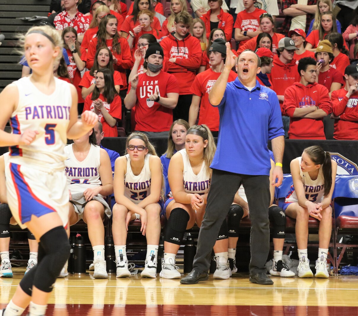 Pequot Lakes Patriots girls basketball during the 2022 Class 2A State Tournament.