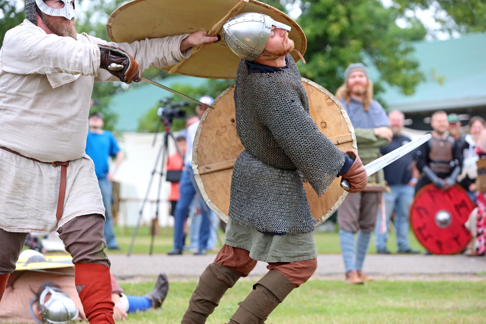Viking warriors take part in a battle demonstration.