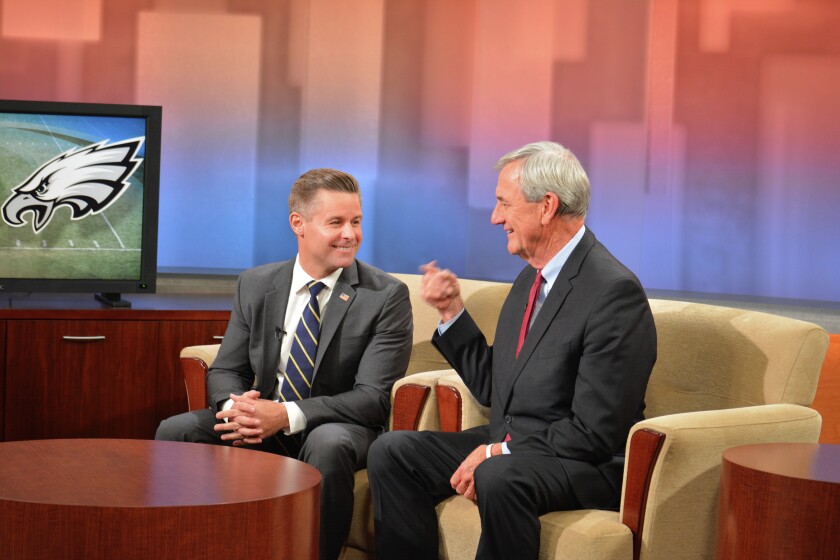 GOP candidate for the 8th Congressional District Stewart Mills III, (left) and incumbent Democrat U.S. Rep. Rick Nolan chat moments before going live for a debate at KSTP studios in St. Paul. Zach Kayser/Forum News Service
