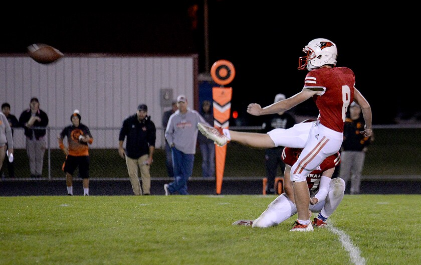 Willmar sophomore Ezra May boots a 30-yard field goal during a North Central White District game against Delano on Friday, Sept. 30, 2022 at Hodapp Field.