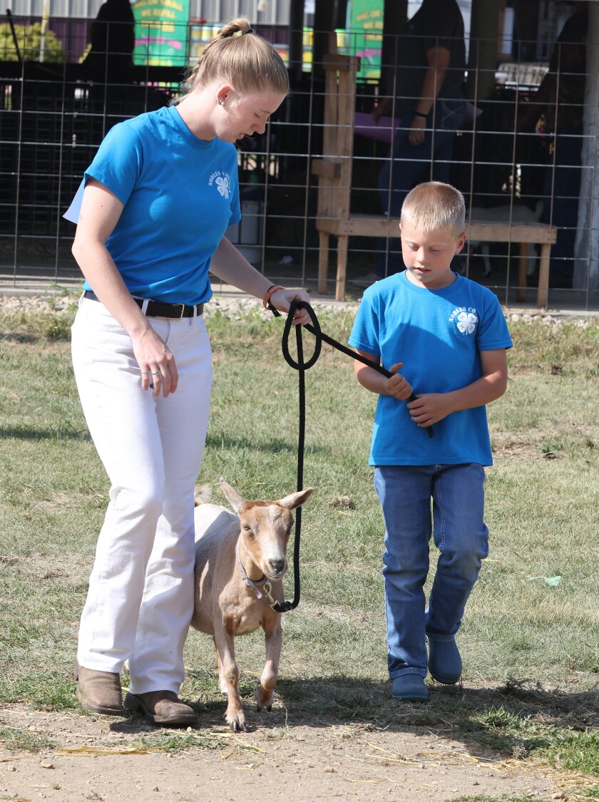 Hannah Henning teams up with Samuel Bents, helping him lead a goat to the Olson Arena for show during the 4-H Nobles County Goat Show in the Cloverbud class Thursday, Aug. 4, 2022.
