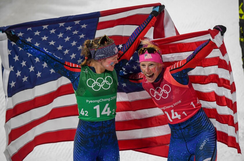 Tribune News Service file photoKikkan Randall (right) and Jessica Diggins from the U.S. celebrate after winning gold medals during the women's team sprint at the 2018 Winter Olympics in Pyeongchang, South Korea.