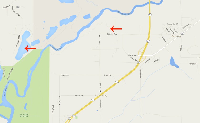 A second alligator has been found in the Brainerd lakes area. The arrows indicate, the first one was found July 9 on the paved bike trail near Brandon Way in Barrows and the second alligator was located Tuesday in Hardy Lake in rural Pillager. (Google Maps)