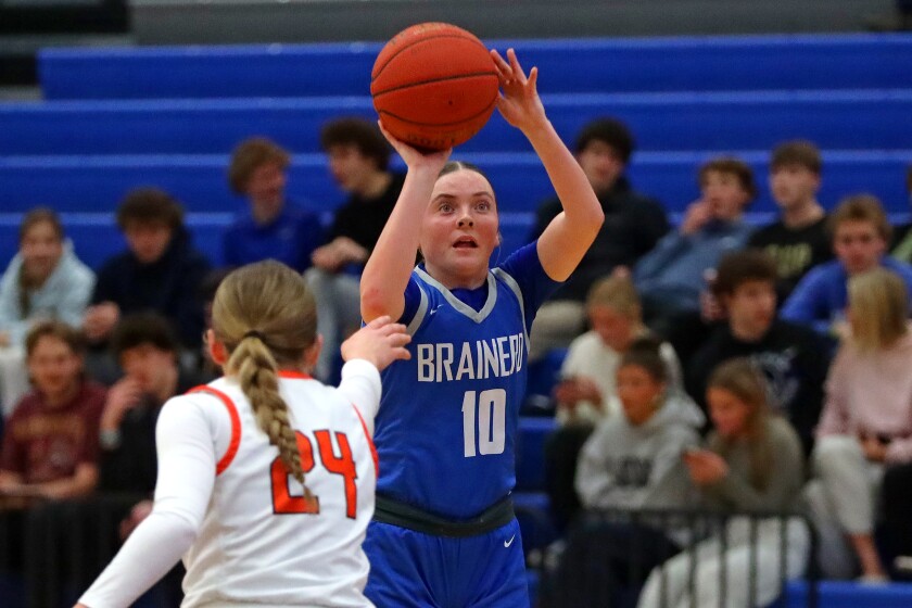 Macy Brainerd Castle pulls the ball against Moorhead on Wednesday, February 26, 2025, in Brainerd.