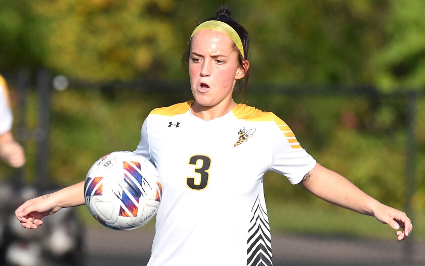 UW-Superior’s Kamryn Hill (3) gets control of the ball before scoring her first goal of the game