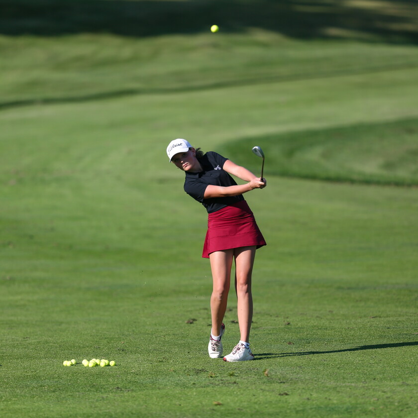 Fargo Oak Grove golfer Claire Luebke practices chipping on Thursday, Sept. 25, 2025, at the Fargo Country Club in south Fargo.