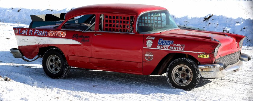 A red 1957 Chevrolet racecar