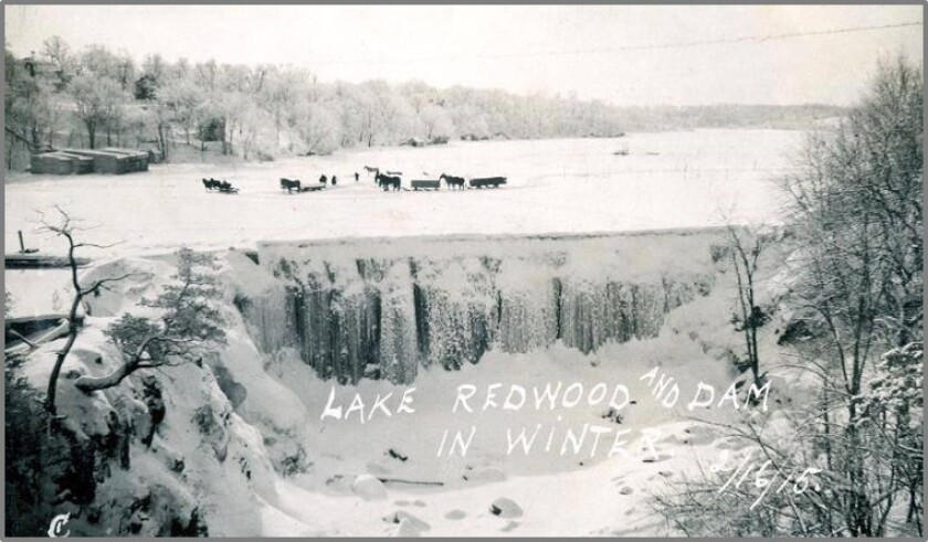 An ice cutting crew is shown on Lake Redwood in 1916.