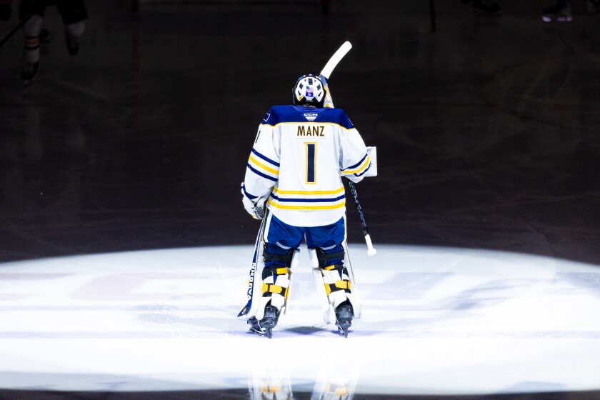 Augustana goaltender Christian Manz is introduced prior to the start of a game against Colorado College on Friday, Jan. 2, 2026, at Midco Arena in Sioux Falls.